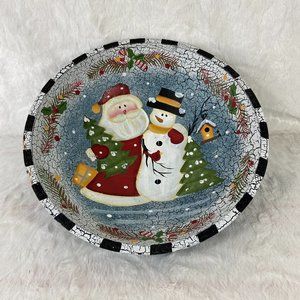 Vintage Wooden Santa & Snowman Hand Painted Dough Bowl Folk Art Rustic Crackle